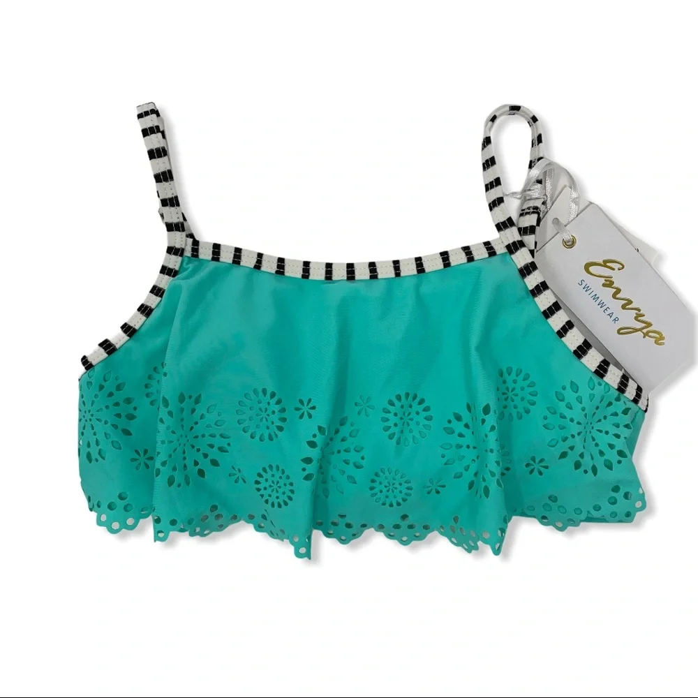 Envya blue ruffle bikini top cutout floral new‎ 10